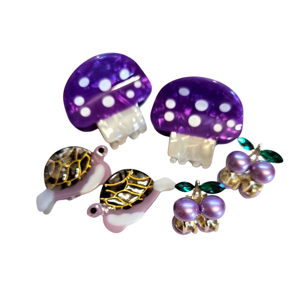 6pc Mini‎ Hair Claw Clip Set Purple Mushroom Cherry Turtle Acetate Cottagecore